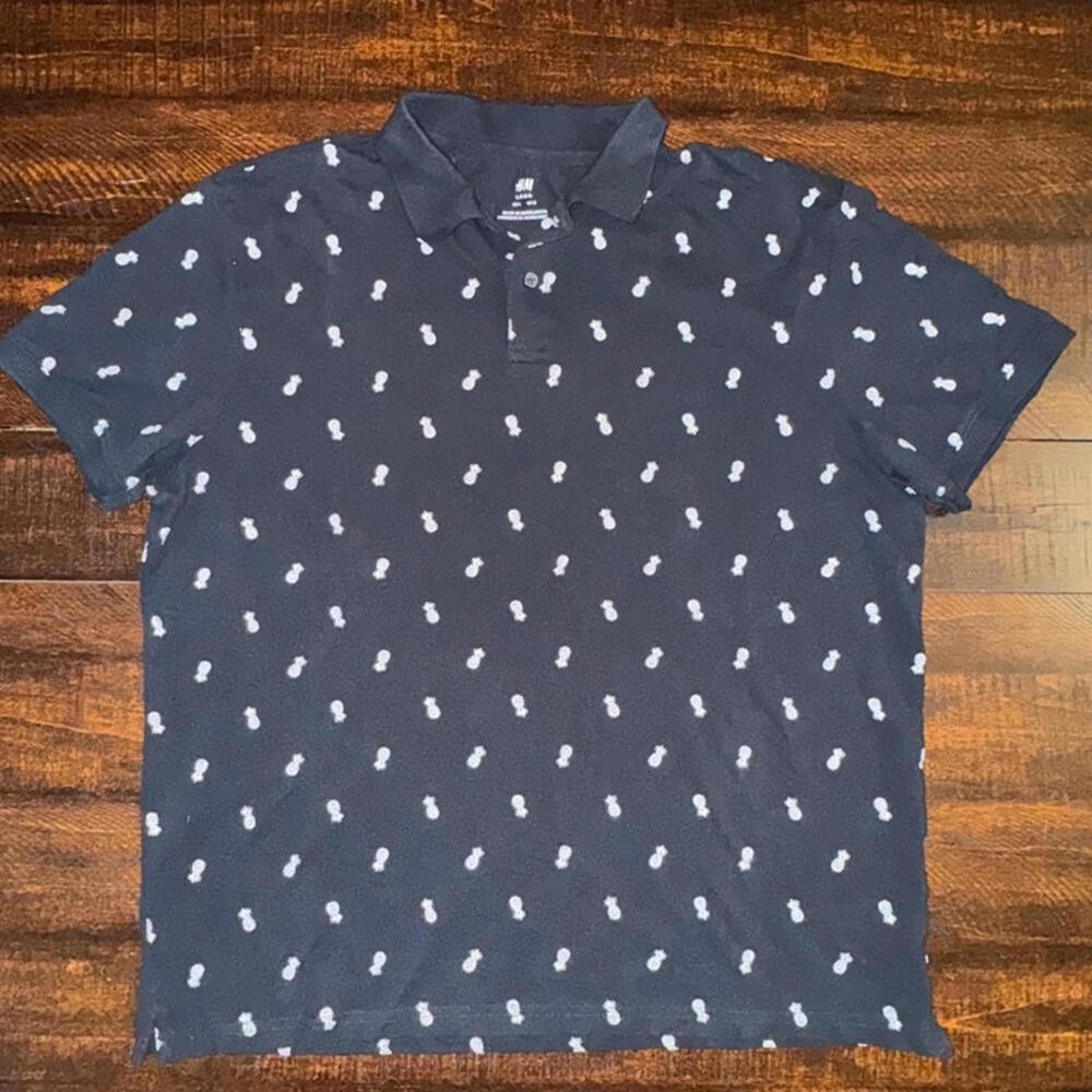 H&M LOGG Pineapple Print Cotton Mens Polos Polo Shirt Navy Blue White Large